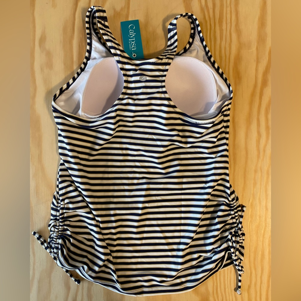 Calypsa by Modli Maya Swim Top Tankini White Navy Strip Large NWT - Picture 2 of 12